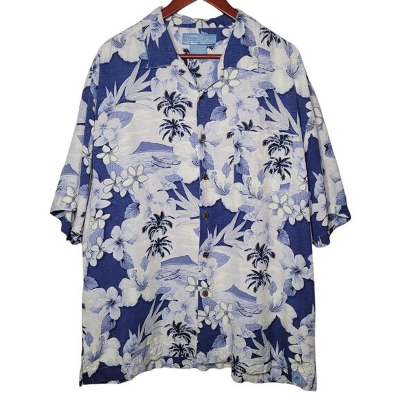 Bermuda Bay 100% silk Blue and white Tropical Floral Hawaiian button up XL - Picture 1 of 10